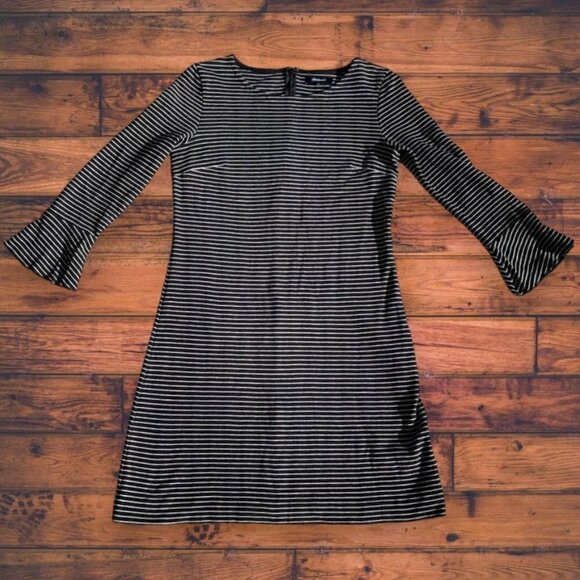 Madewell SMALL Soft Black Knit WItchy Striped Mini Dress with 3/4 Bell Sleeves - Picture 1 of 4